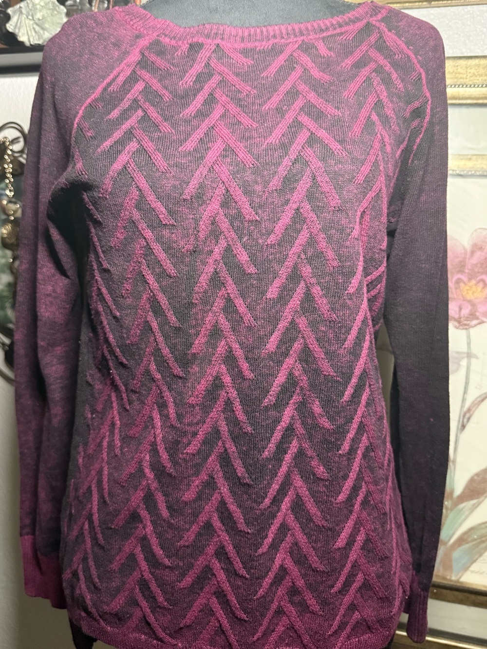 Rock & Republic Plum Purple Acid Wash Chevron Knit Sweater Top •Size S•